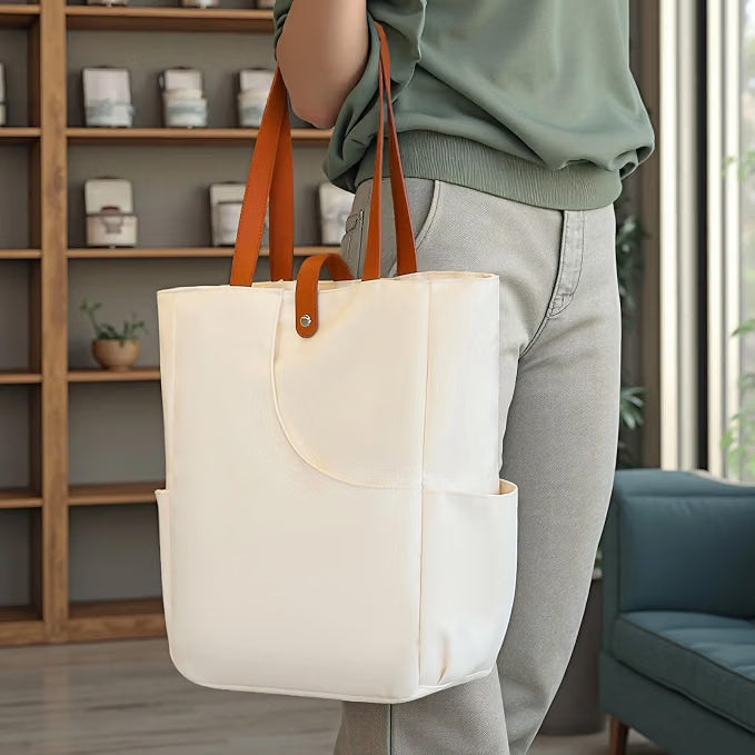 2 Pcs Tote Bags for Women, Black & White Large Capacity Shopping & Work Totes with External Pockets