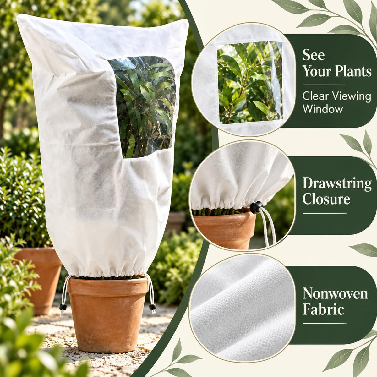 Plant Frost Protection Covers with Viewing Window, Drawstring (80 * 100cm*2,White)