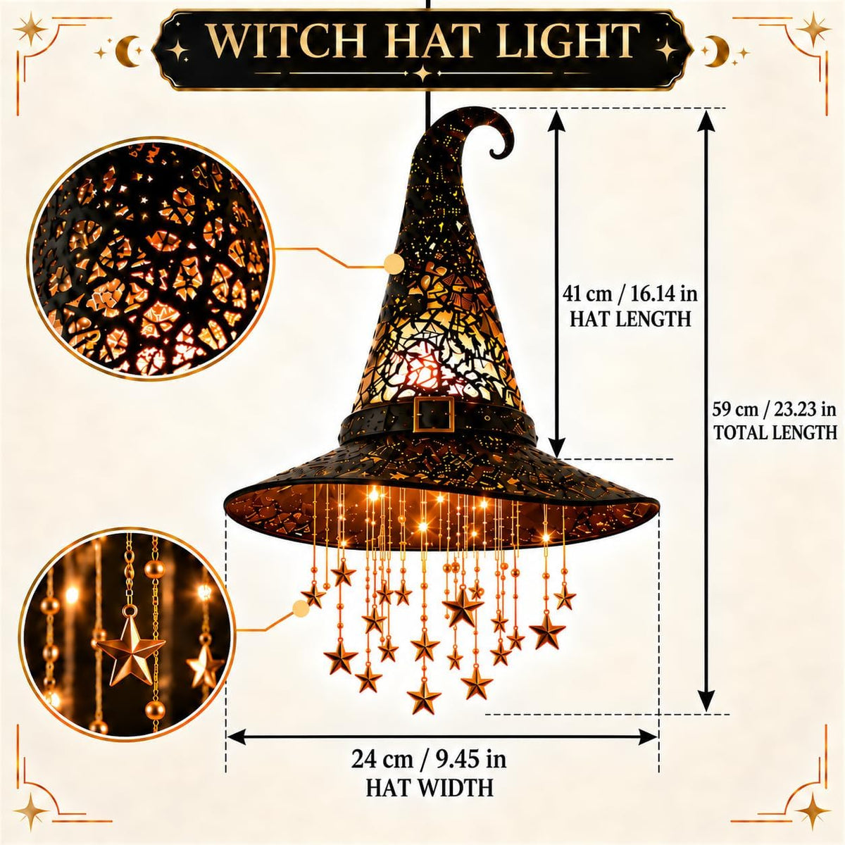 Lighted Witch Hat Hanging Decor with Star Lights for Halloween