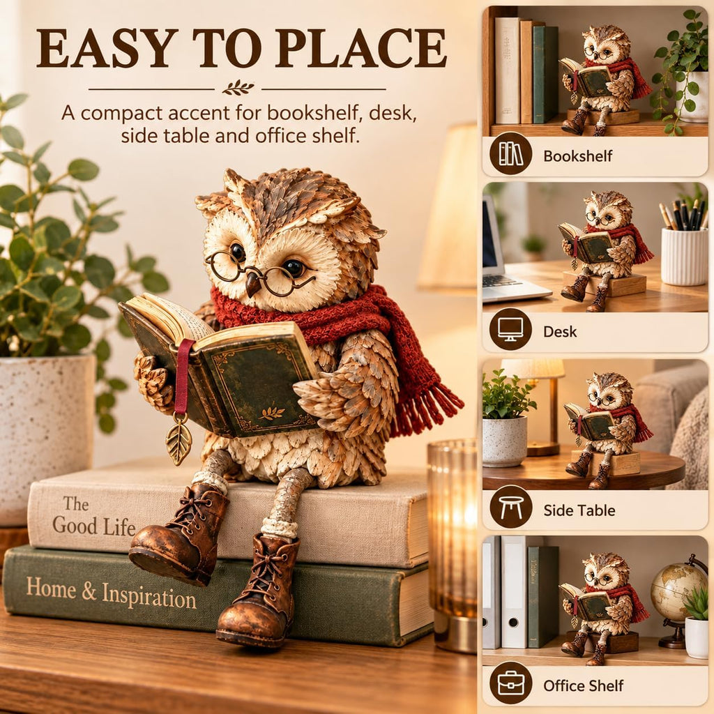 Reading Owl Figurine with Book, Owl Statue for Bookshelf Decor, 15x10x18 cm Reading owl figurine with book for bookshelf, desk, reading nook, shelf, and home decor; 15 x 10 x 18 cm, 240 g.