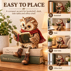Reading Owl Figurine with Book, Owl Statue for Bookshelf Decor, 15x10x18 cm Reading owl figurine with book for bookshelf, desk, reading nook, shelf, and home decor; 15 x 10 x 18 cm, 240 g.