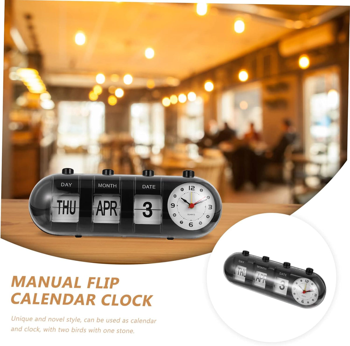 Manual Flip Desk Calendar Clock, Black ABS Plastic Perpetual Date Display Hand-cranked Page Turning Mechanism, Compact Desktop Design, Suitable for Bar, Restaurant or Study Room Decor