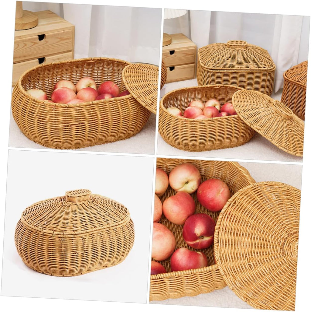 Rattan Woven Storage Basket Fruit Bin with Lid, Large Capacity Natural Decorative Design for Home Organization, Lightweight Strong Construction, for Snacks