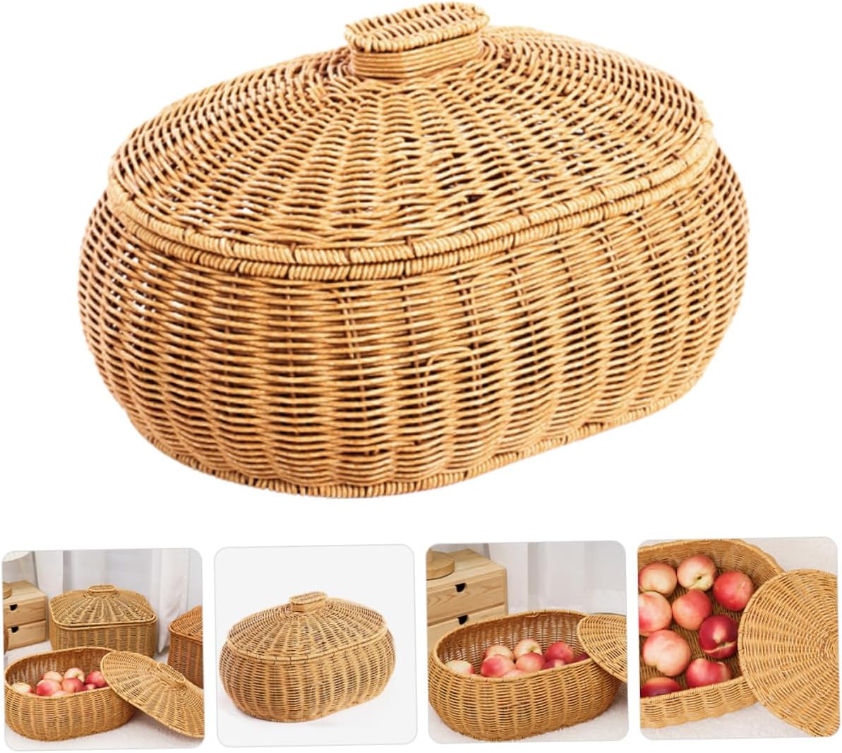 Rattan Woven Storage Basket Fruit Bin with Lid, Large Capacity Natural Decorative Design for Home Organization, Lightweight Strong Construction, for Snacks