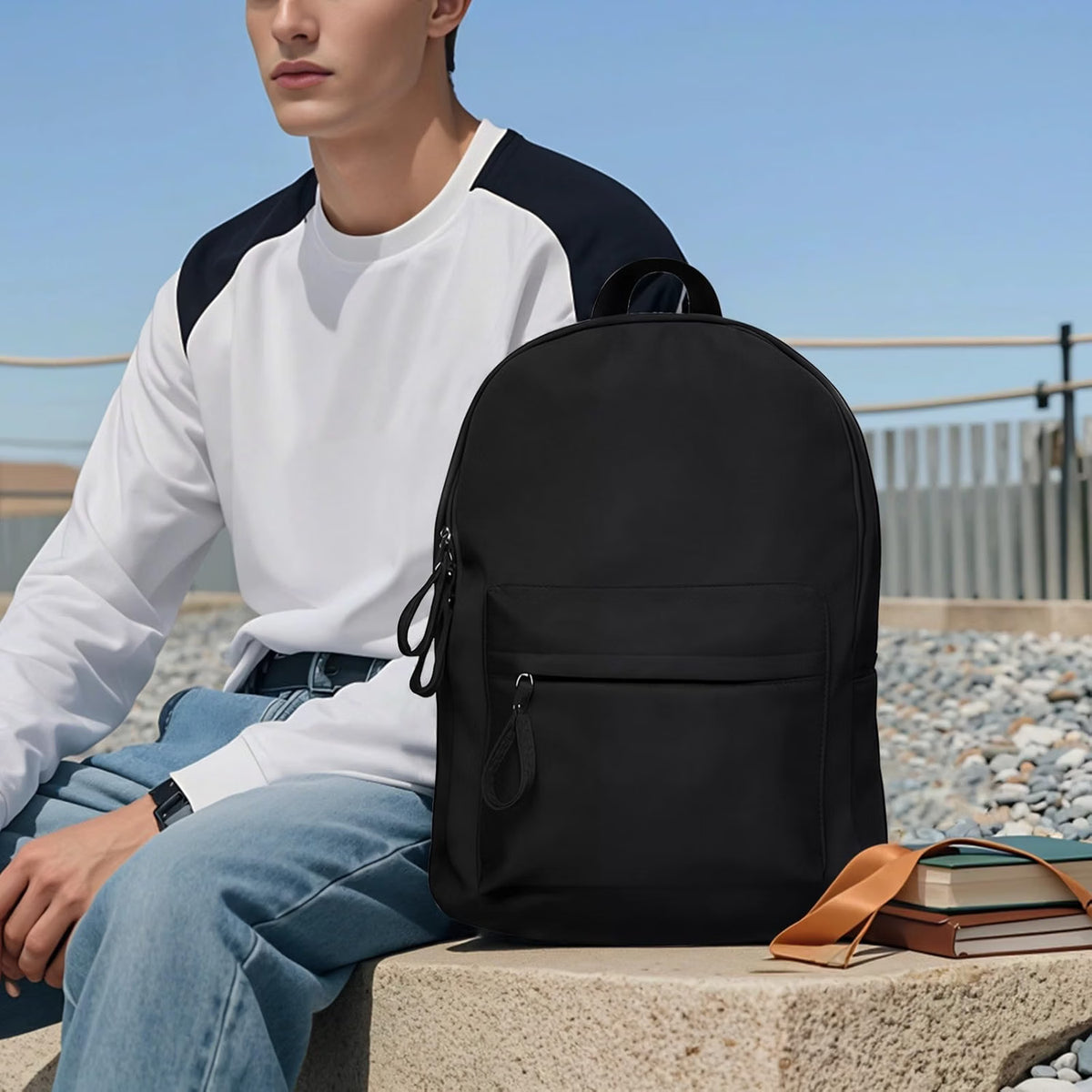 Black Portable Backpack, Oxford Cloth Laptop Travel & School Daypack with Spacious Storage