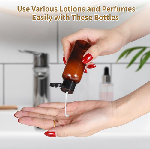 100 Pcs Travel Bottles with Flip Caps, 60 mL Brown Refillable Squeeze Bottles with Funnels for Shampoo & Lotion