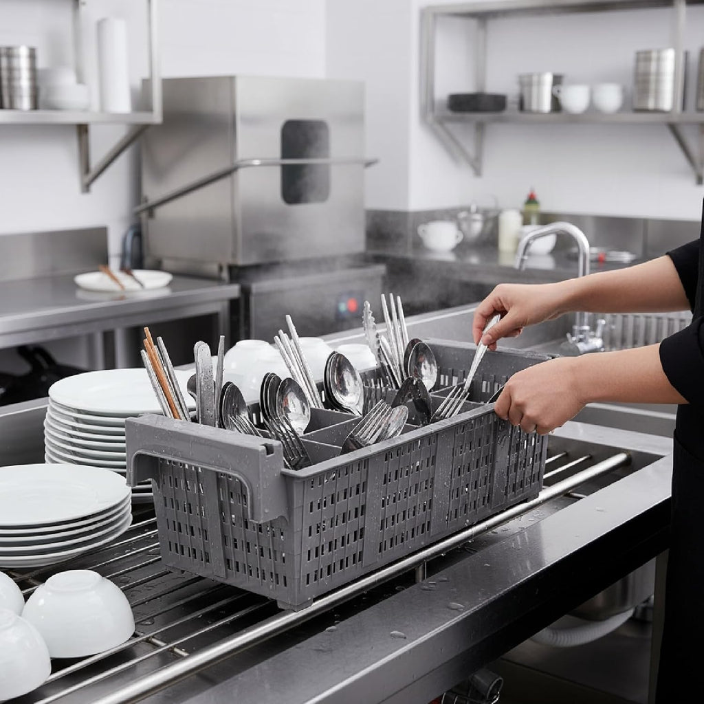 Commercial Dishwasher Rack, 8-Compartment Silverware Drying Basket with Drain Holes, Gray