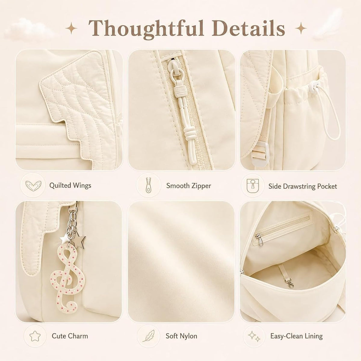 Wing Backpack Lightweight Nylon Daypack For Women Travel (White) Unique Wing Design Adds A Stylish Touch To Daily Carry, Ideal For School, Travel, Shopping And Casual Outings.