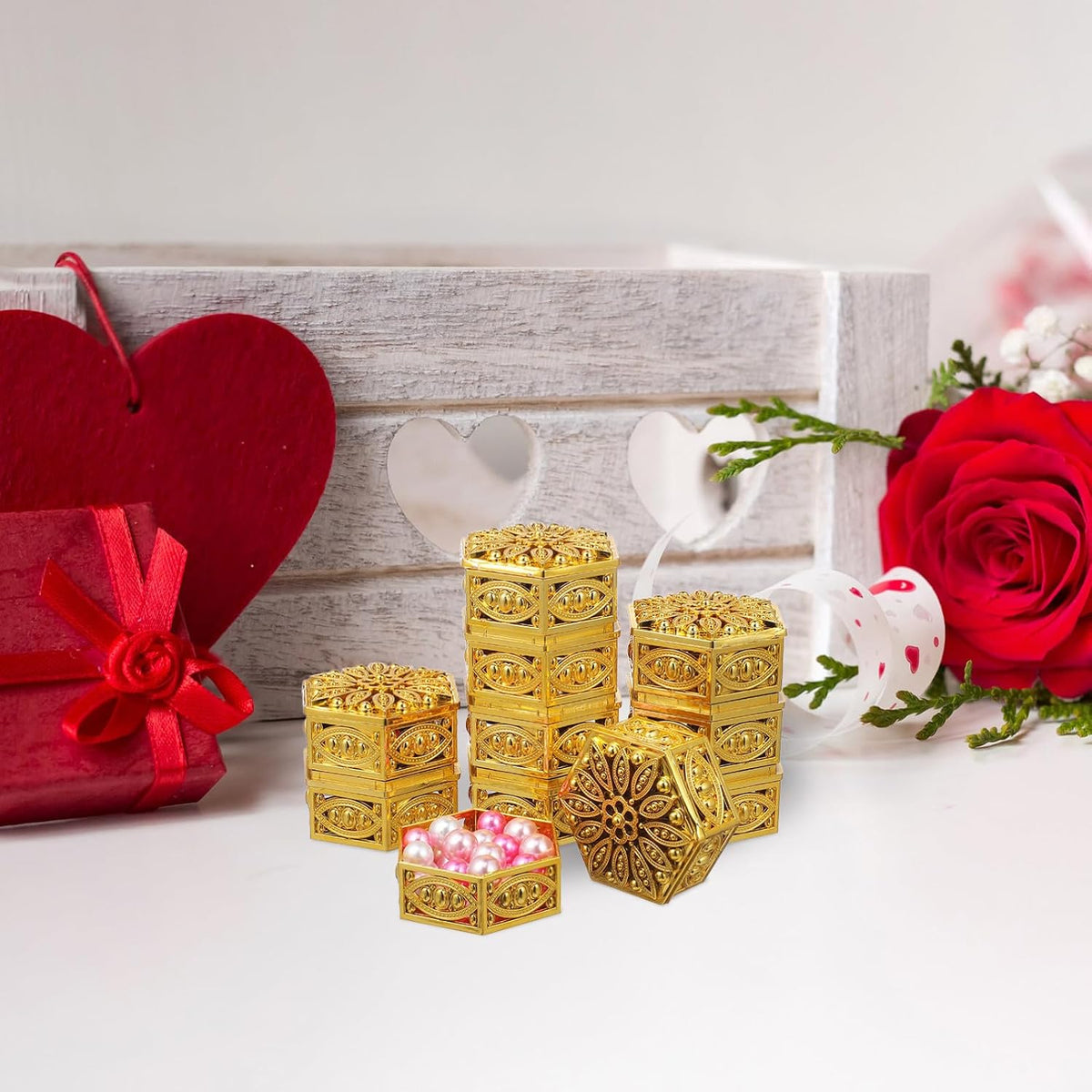 12 pcs Hexagonal Candy Gift Boxes Hollow Out Jewelry Wrapping Box for Wedding Favors Christmas Parties Candy Container Packaging 2.36 X 2.36 X 1.18 in Gold