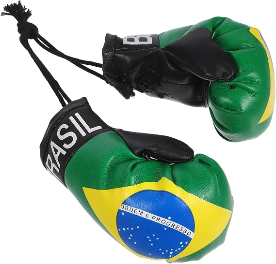 Brazil Flag Mini Boxing Gloves Keychain Pair Hanging Decor PVC Cotton Build, for Bags and Keys, Patriotic Style, Fine Workmanship, 1 Pair Set