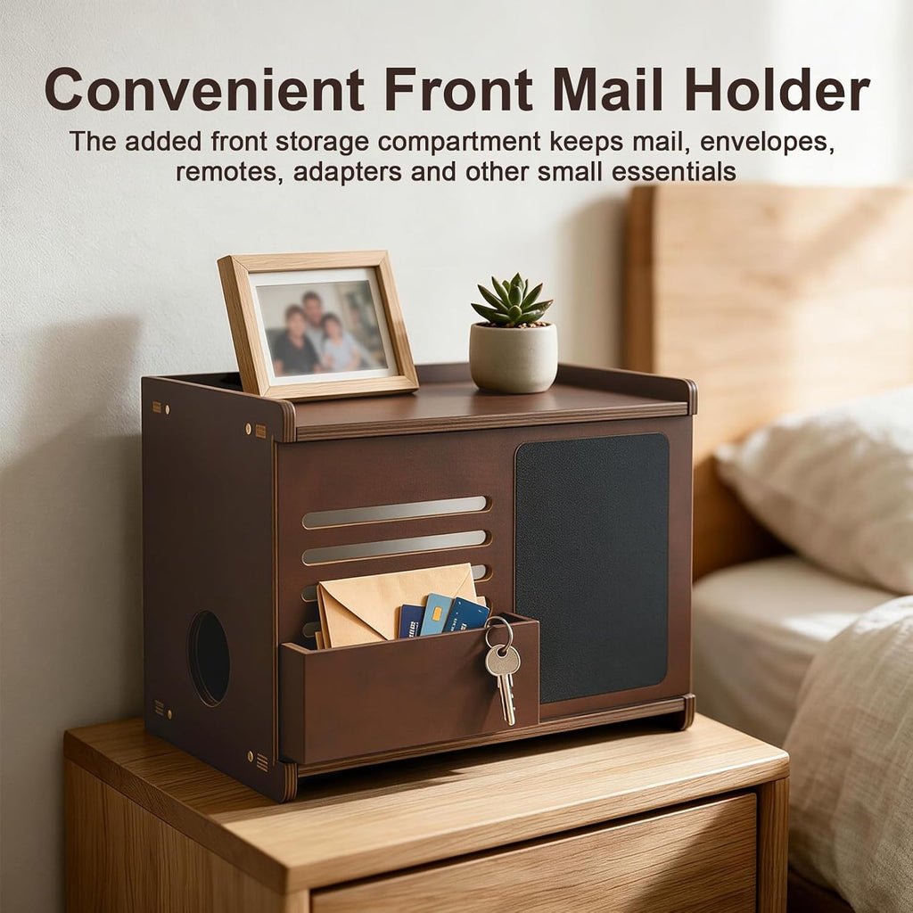 WiFi Router Box Hider with Front Storage & Chalkboard, Wooden Router Shelf