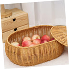 Rattan Woven Storage Basket Fruit Bin with Lid, Large Capacity Natural Decorative Design for Home Organization, Lightweight Strong Construction, for Snacks