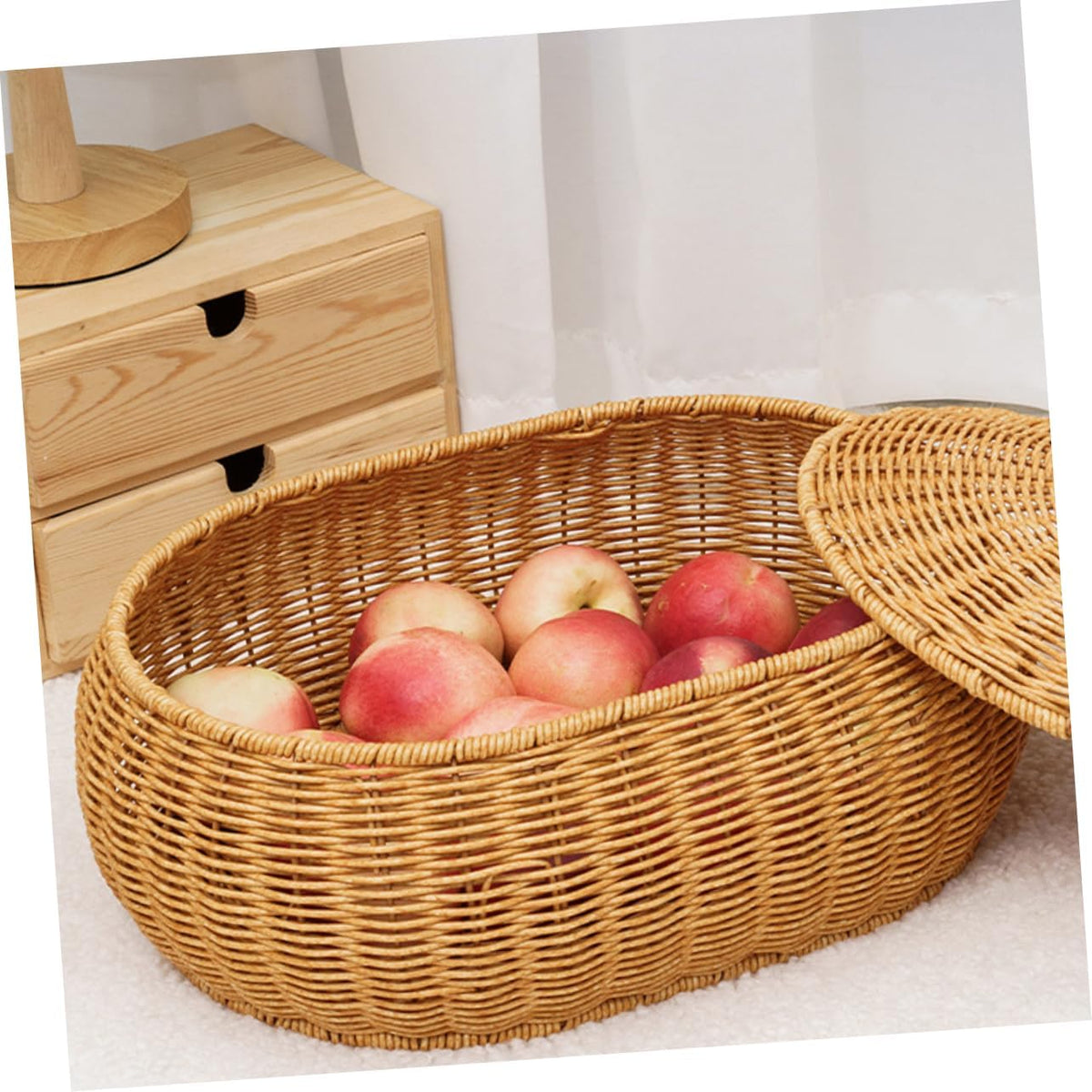 Rattan Woven Storage Basket Fruit Bin with Lid, Large Capacity Natural Decorative Design for Home Organization, Lightweight Strong Construction, for Snacks