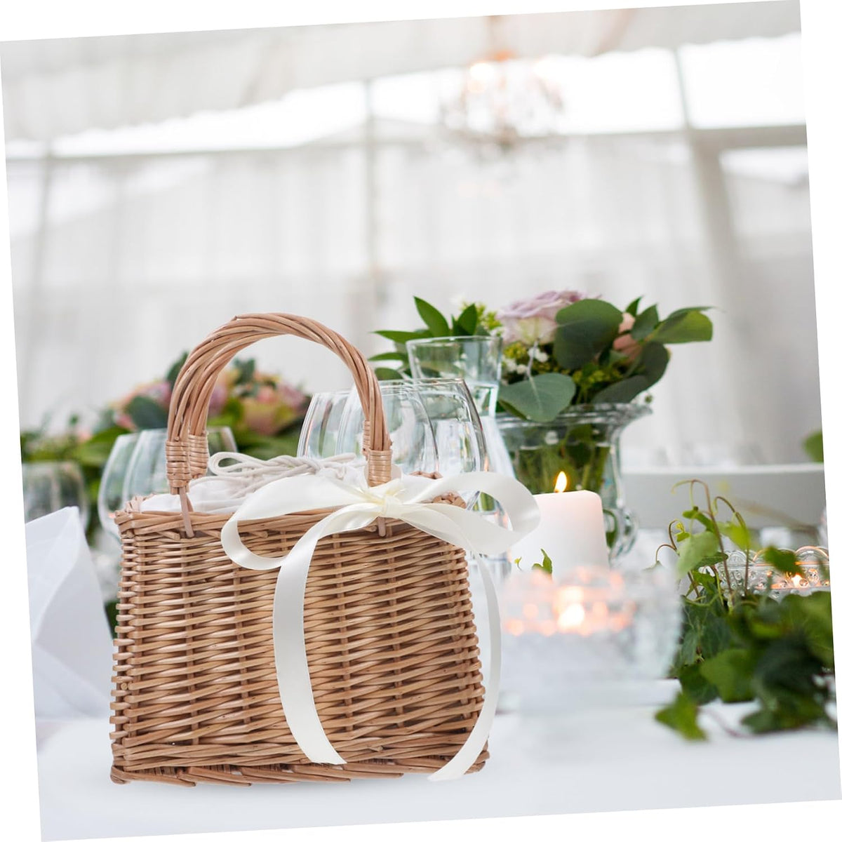 Rattan Flower Basket Container for Home Decoration and Gifts White Simulation Style, Rattan and Cotton Cloth, Portable Storage for Flowers, Proposal or Home Use