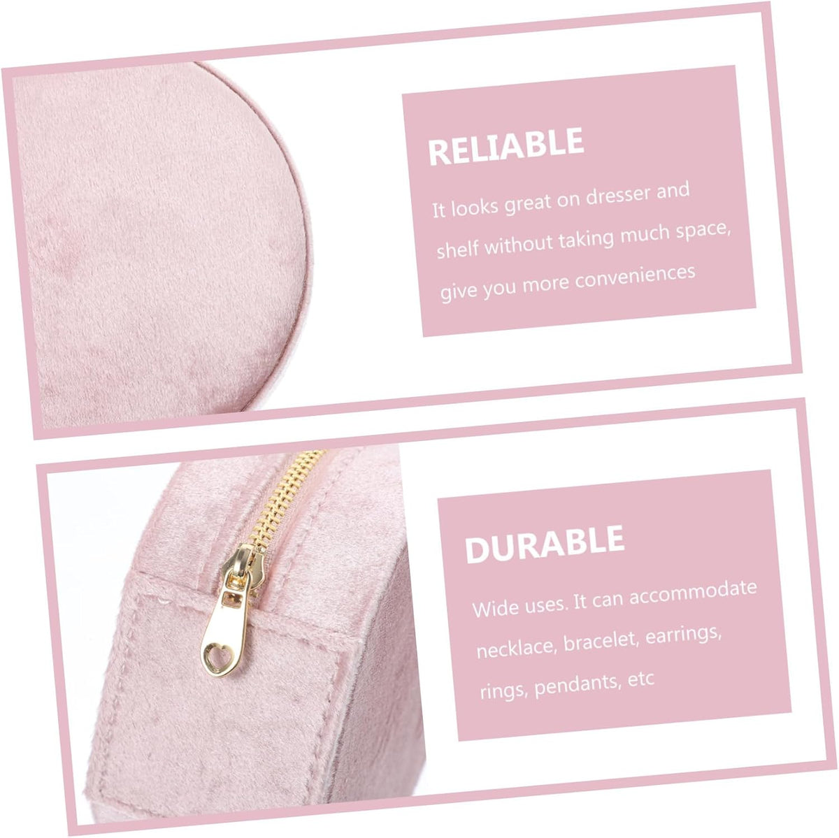 Pink Jewelry Box Portable Travel Case Xmas for Girlfriends Lint Lined, Holds Necklace Bracelet Earrings Rings Pendants, Stylish Shape for Journey and Valentine Gifting