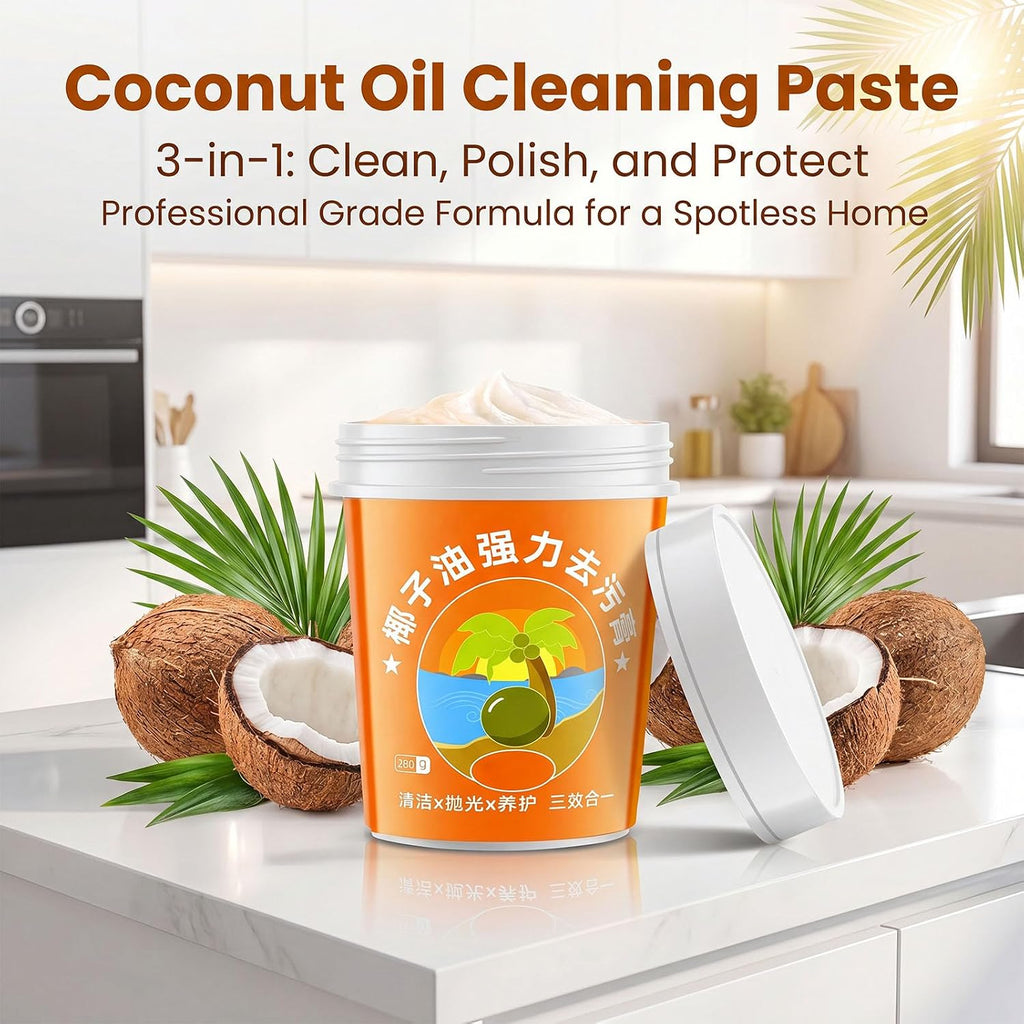 Coconut Oil Cleaning Paste, All Purpose Coconut Oil Cleaning Paste with Sponge for Kitchen, Stainless Steel, Wood Furniture and Leather (1pcs)