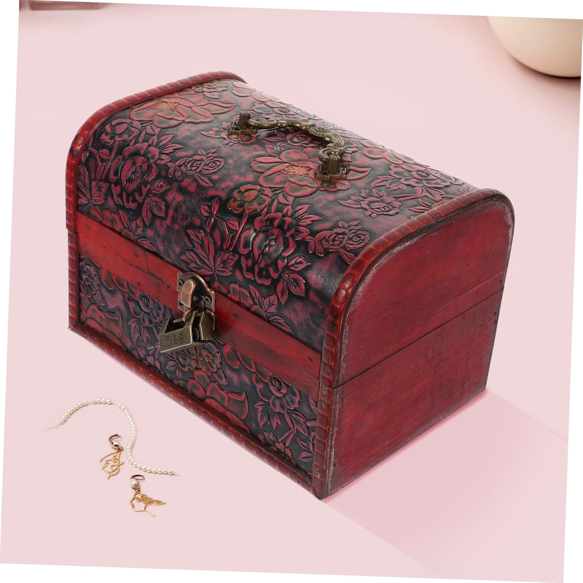 Vintage Jewelry Box Wooden Treasure Chest with Padlock Handle Desktop Storage for Bracelets and Sundries, Compact Sturdy Design, Birthday and New Year Gift Use