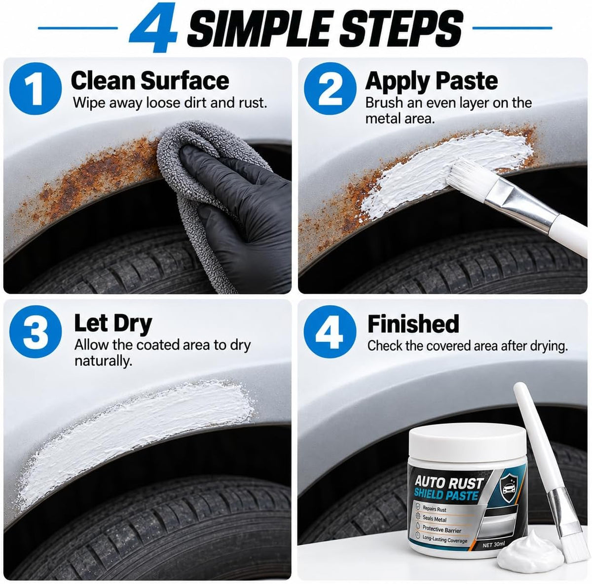 Car Metal Rust Repair Paste with Brush, 30ml Auto Rust Shield Paste (2 Pcs) 30ml car metal rust repair paste with brush for localized vehicle metal care; choose 1-piece, 2-piece, or 3-piece options.