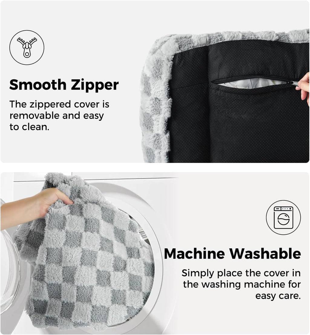 Made4Pets Faux Fur Pet Sofa Bed, Cozy Checkered Couch with Washable Cover, Grey