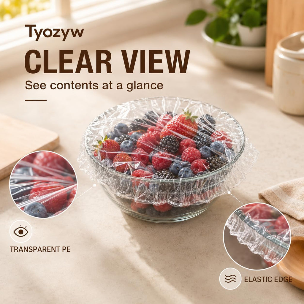 Disposable Elastic Food Covers, Clear PE (100 Pcs) Clear PE covers stretch approximately 15–15.7 in for bowls, plates and containers at home, parties, picnics or travel