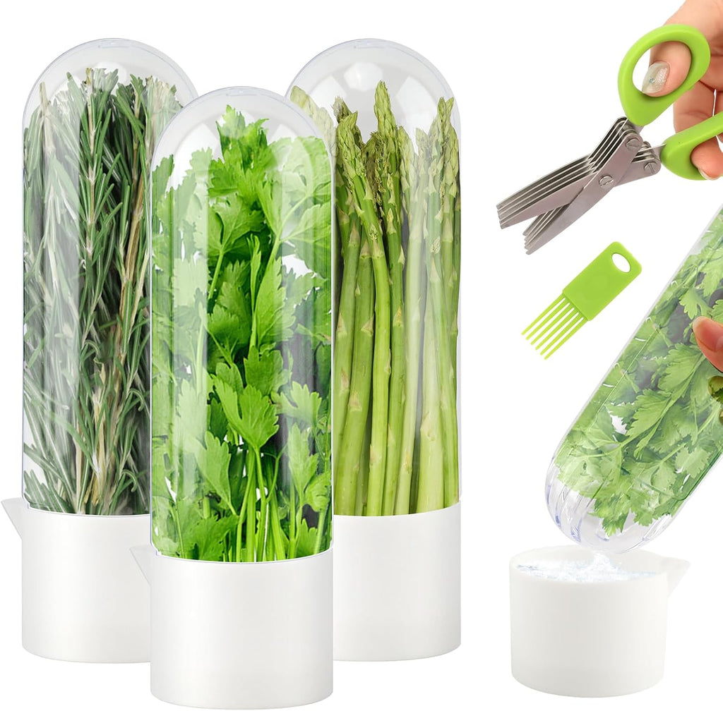 3 Pack Herb Saver for Refrigerator with 5-Blade Herb Scissors Fresh Herb Keeper Clear Preservation Bottle Cilantro Storage Container for Herbs Asparagus Mint Parsley Extends Freshness