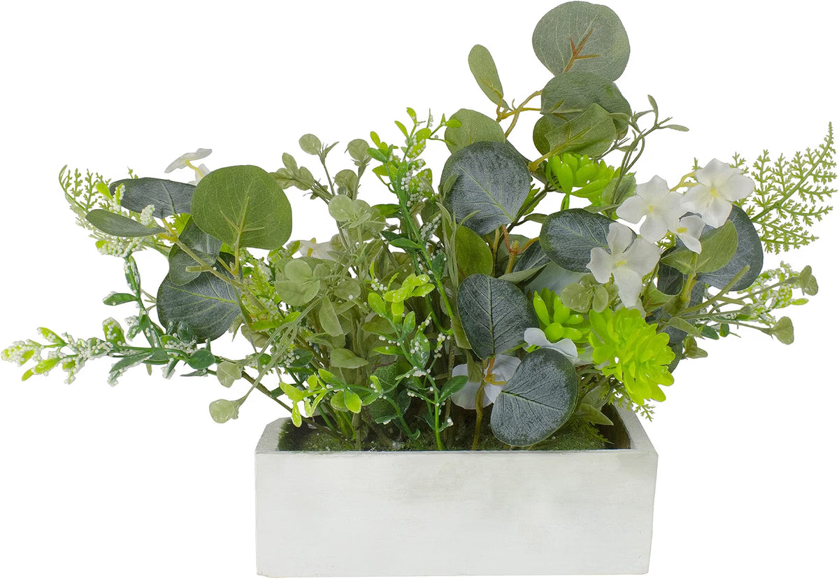 Hydrangea and Rose Artificial Floral Arrangement in Planter, 14", Blue and White