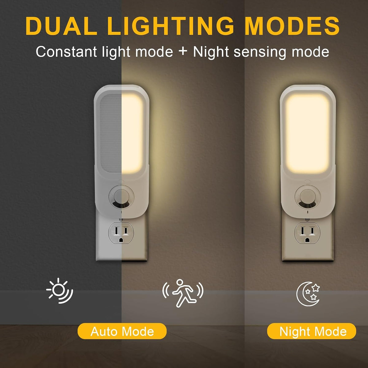 Motion Sensor Night Light with Flashlight, Dusk-to-Dawn Sensor, Adjustable Warm White Brightness for Bedroom & Hallway