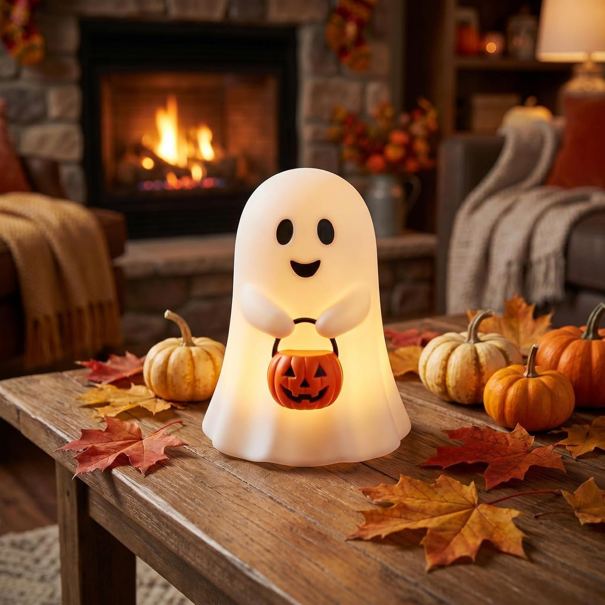 Cute Ghost Night Light with Pumpkin 8in for Indoor Halloween Decor