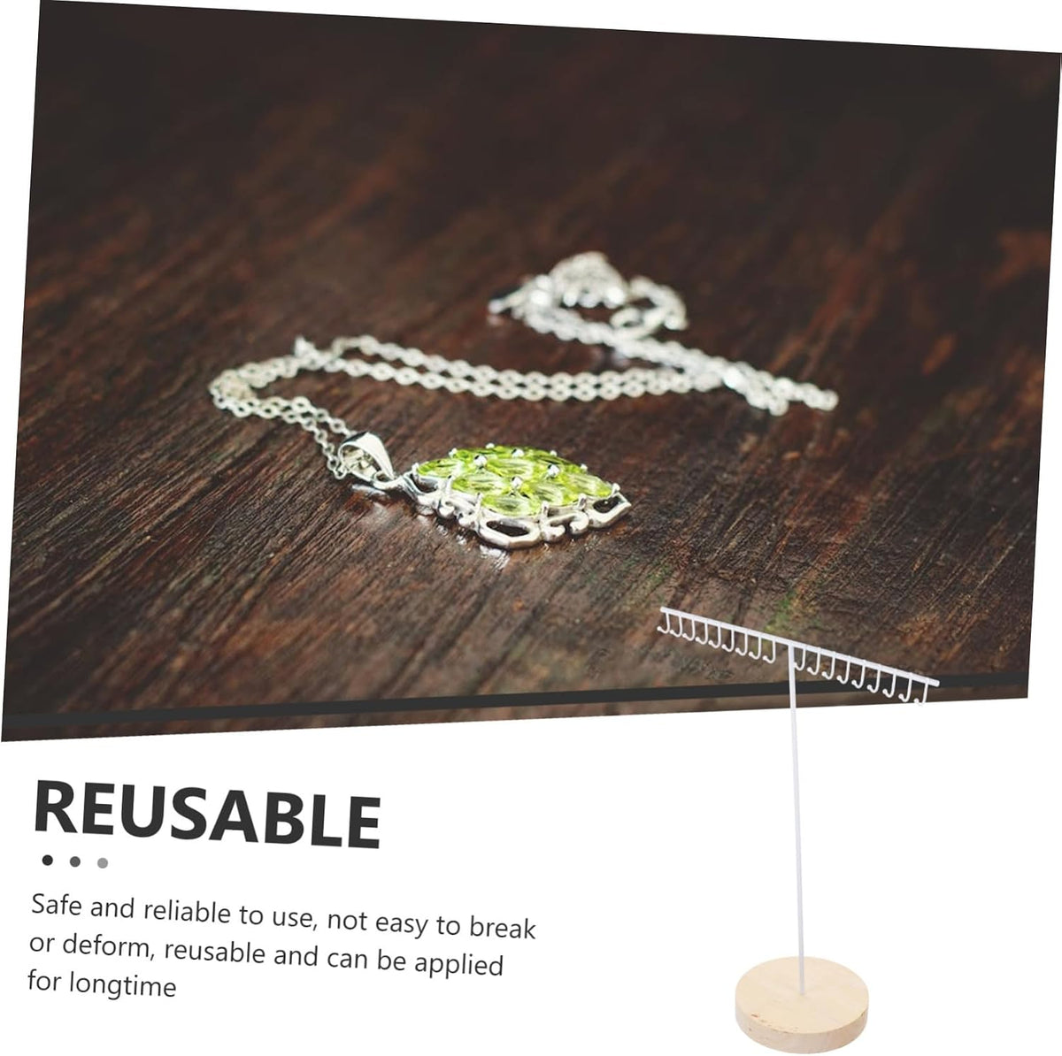 Iron Jewelry Stand Display Rack with Hook for Necklaces White Wood Accent, Reusable Tabletop Organizer, Holds Bracelets and Accessories, Home or Shop Display