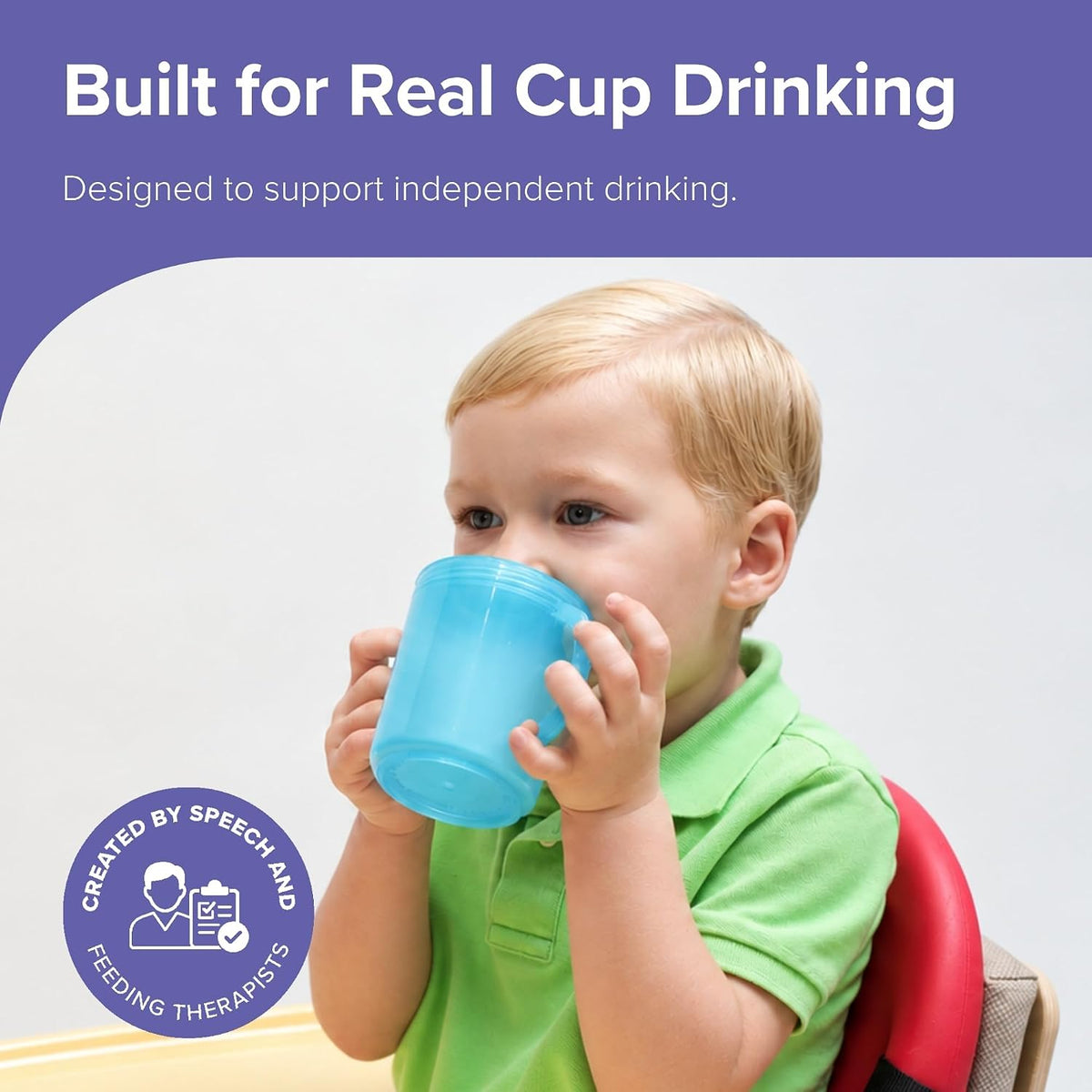 Recessed Lid Cup with Handles - Leak Proof | Promotes Oral Motor Skills, Lip Closure, and Self Feeding | Alternative to Sippy Bottle | Food Grade Materials | Dishwasher Safe (Light Blue)