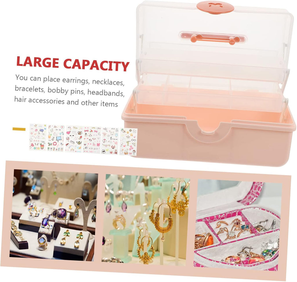 Pink Large Multi Layer PP Hair Accessories Organizer Box for Kids Desktop Storage, Layered Design, Bobby Pins and Necklaces, Family Use, Outdoor Carry, Small Items
