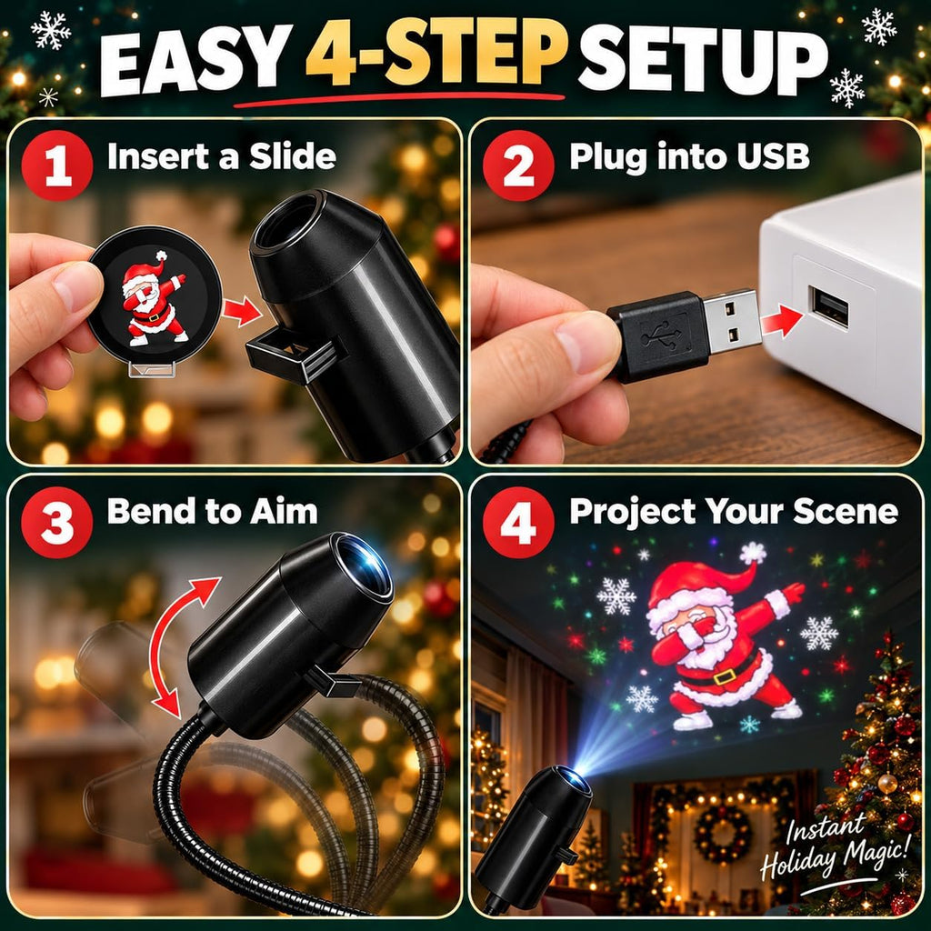 Plug and Play HD Christmas Projector, USB Christmas Projector Indoor USB 5V, 3W projector with flexible neck, slide accessory, and up to 9.2 ft projection distance for indoor holiday displays.