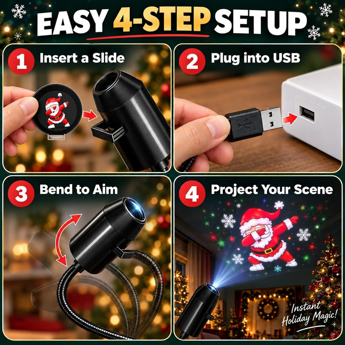 Plug and Play HD Christmas Projector, USB Christmas Projector Indoor USB 5V, 3W projector with flexible neck, slide accessory, and up to 9.2 ft projection distance for indoor holiday displays.