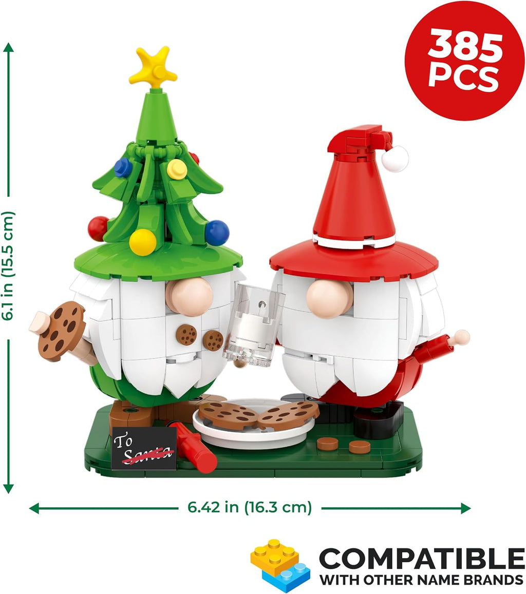 Holiday Gnomes Building Set, 385-Piece Christmas Gnome Decor with Cookies & Milk