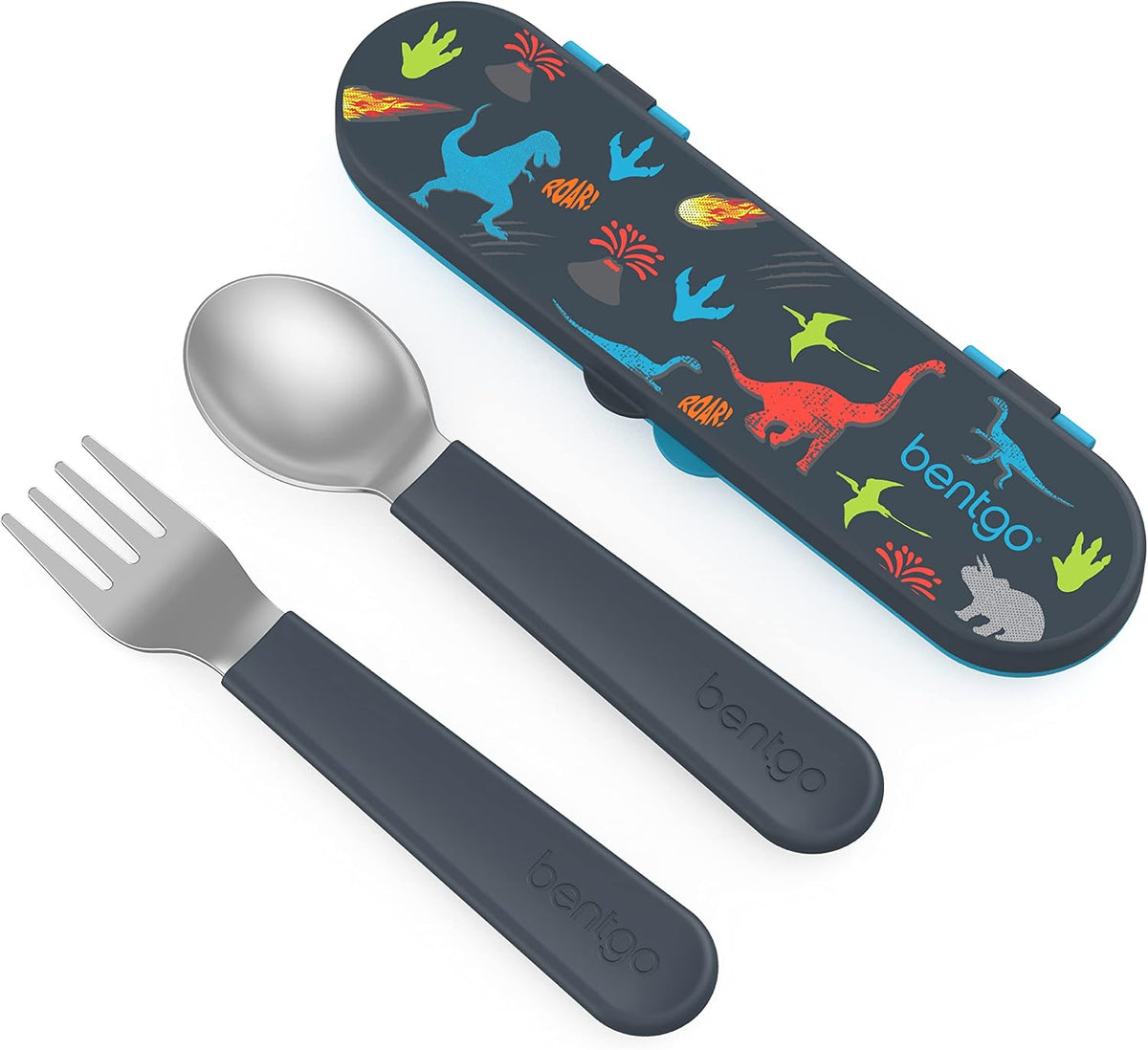Kids Stainless Steel Prints Lunch Box Set With Reusable Stainless Steel Utensils (Dinosaur)