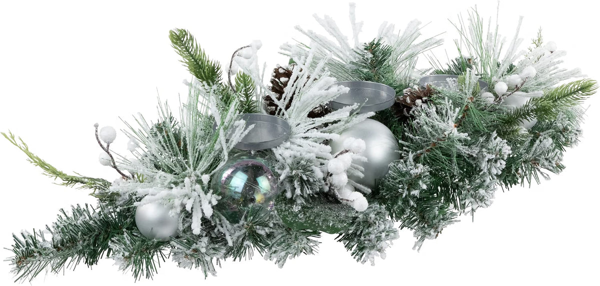 Flocked Pine Triple Candle Holder with Iridescent Christmas Ornaments - 30"