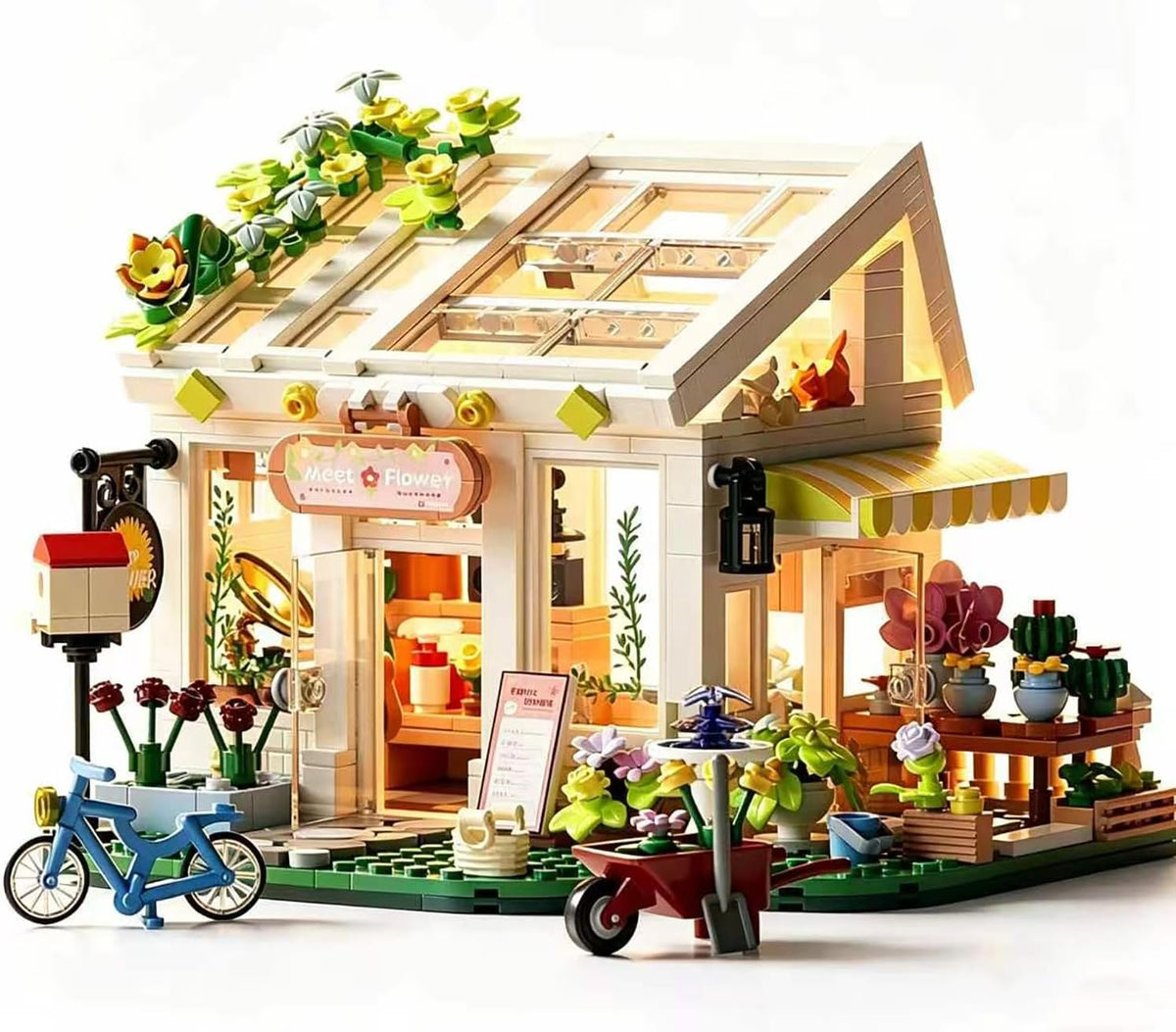 Flower House Building Blocks, Botanical Greenhouse Set with LED Light, 832 Pieces