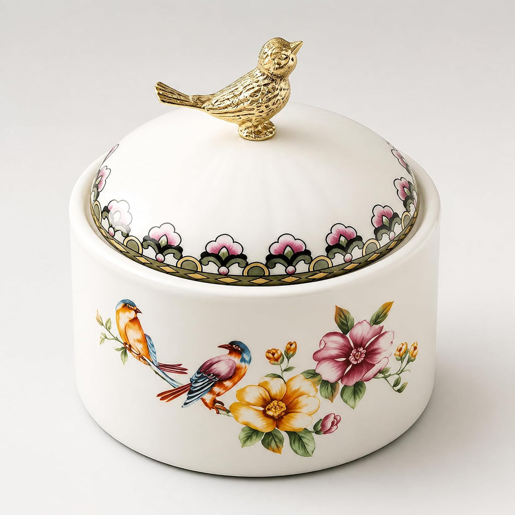Ceramic Sugar Bowl with Lid, Floral Bird Vintage Kitchen Storage Canister