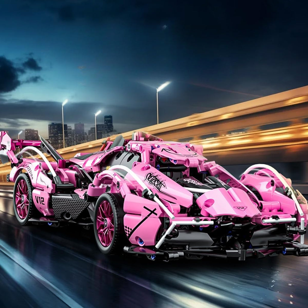 Pink Sport Racing Car Building Blocks, 1:14 Supercar Model Kit