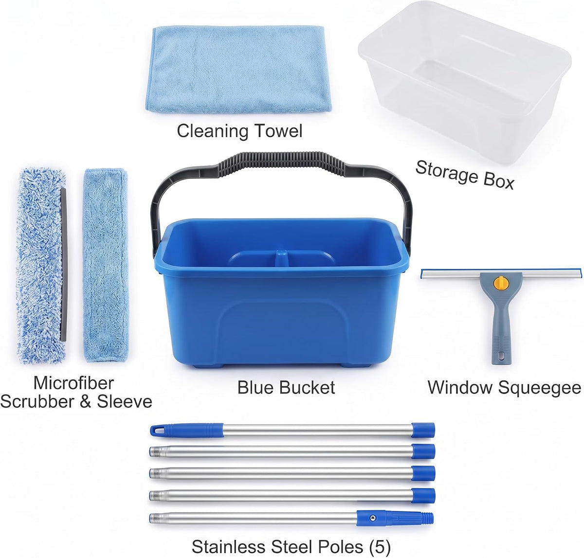 Exterior Window Cleaning Kit with 3 Gallon Bucket, Squeegee, Scrubber & Extension Pole