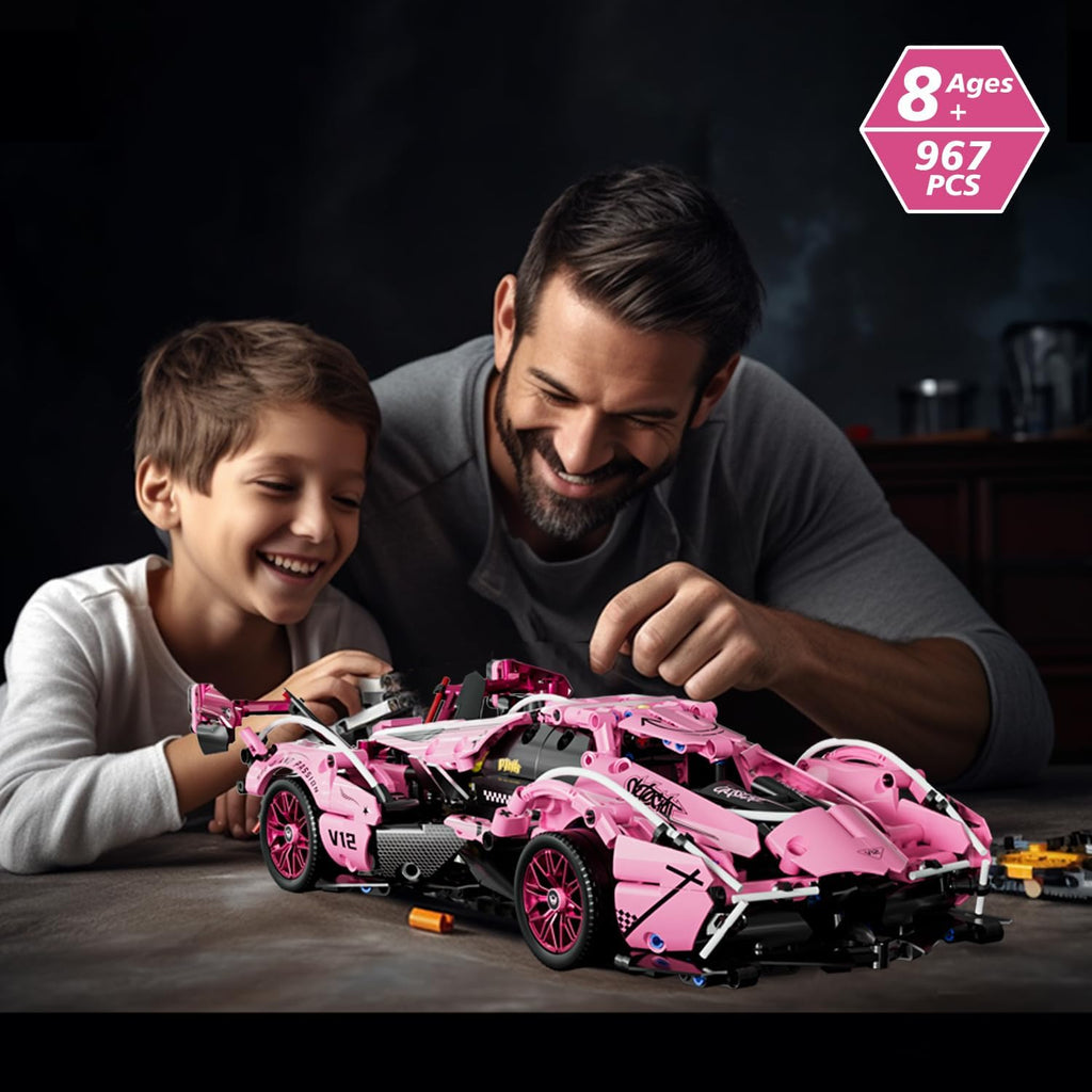 Pink Sport Racing Car Building Blocks, 1:14 Supercar Model Kit
