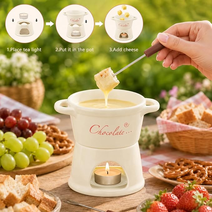 Fondue Pot Set, Ceramic Chocolate Melting Cup with 2 Forks, No Candles Mini Hot Pot Bowl can Melting Cheese Butter Chocolate Caramel, Gifts for Birthday Christmas Date Night Weddings Valentines