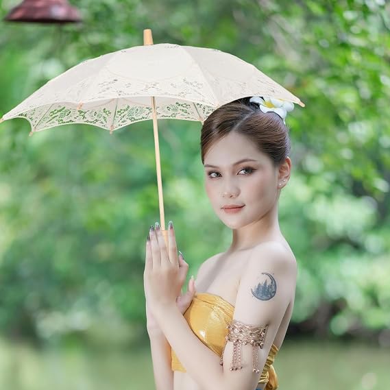 Beige Lace Parasol 60cm Wooden Handle Wedding Bridal Prop Vintage Victorian Style, Lightweight Decorative Shade for Tea Party, Photoshoot Use, Adults and Brides