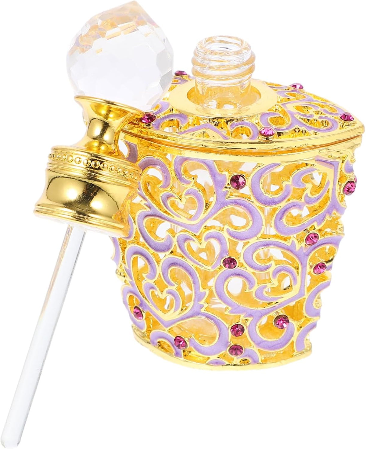 Vintage Glass Perfume Container 10ml Refill Friendly Purple Bottle Hand Painted Enamel Style, Metal Accents, Travel Display Piece, for Scent Lovers and Collectors