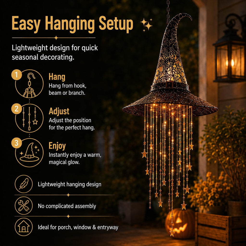 Lighted Witch Hat Hanging Chime, Halloween Hanging Witch Hats with Lights