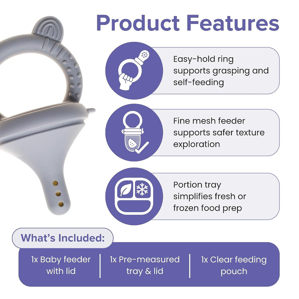 Silicone Baby Food Feeder with Tray, Fresh/Frozen Fruit Feeder for Babies, Teething Soothing, BPA-Free, Easy-Clean, Dishwasher Safe
