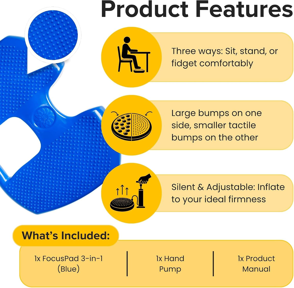 Special Needs Essentials FocusPad 3-in-1 | Blue Bouncy Chair | Sensory Foot Cushion | Therapy Tools for Kids and Adults with ADHD & Autism (Blue)