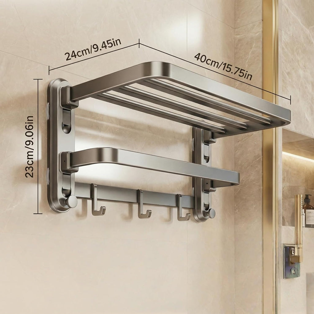 Bathroom Towel Rack, Double Foldable Wall Mounted Shelf with Suction Cups and Hooks