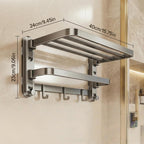 Bathroom Towel Rack, Double Foldable Wall Mounted Shelf with Suction Cups and Hooks