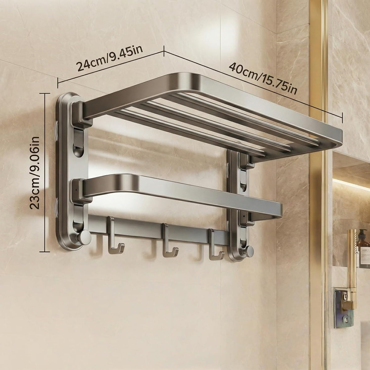 Bathroom Towel Rack, Double Foldable Wall Mounted Shelf with Suction Cups and Hooks